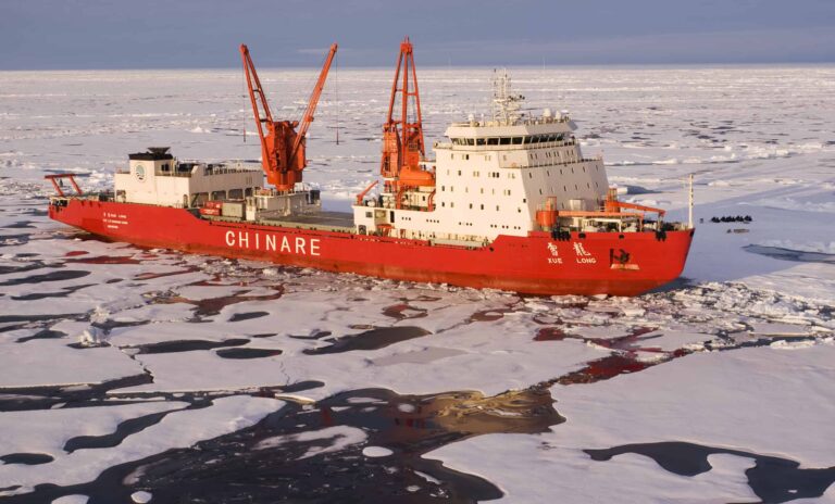 The Chinese Icebreaker MV Xue Long (Snow Dragon) during a deployment to the Arctic circle. The Xue Long is one of two Icebreakers in Chinese service.