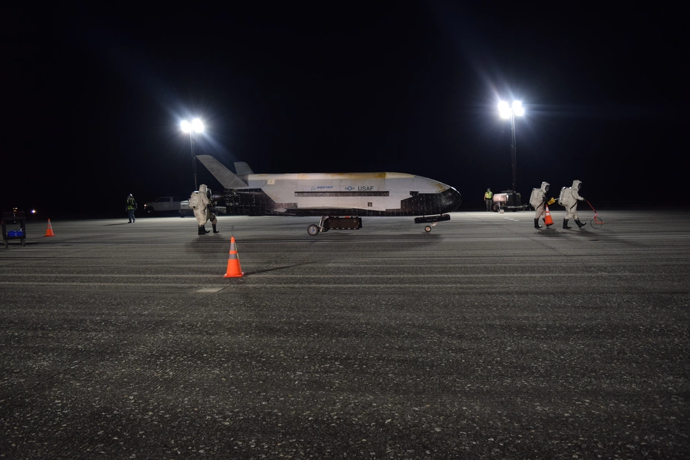 An X-37B undergoing a post-flight checkup following OTV-5 on the 27th of October 2019. OTV-5 saw the spaceplane deploy the FalconSat-8. 