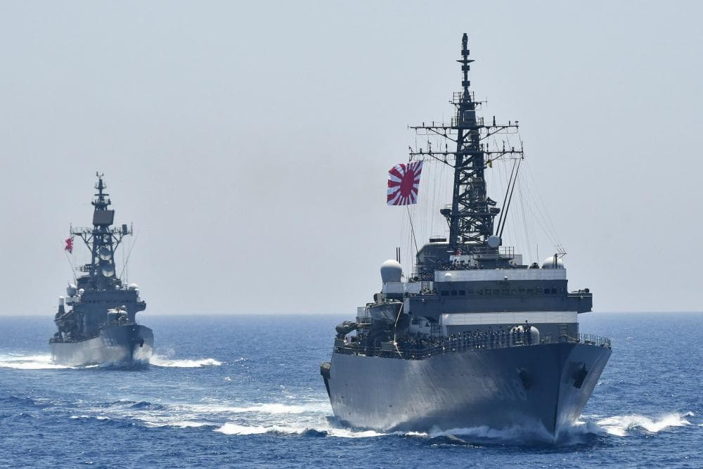 JMSDF JS Kashima (TV-3508) and JS Shimakaze (TV-3521) during an exercise. The JMNSF would be essential in any action in or around the Kuril Islands between Japan and Russia.