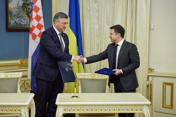 Croatia Prime Minister Andrej Plenković shaking hands with Ukrainian President Volodymyr Zelensky