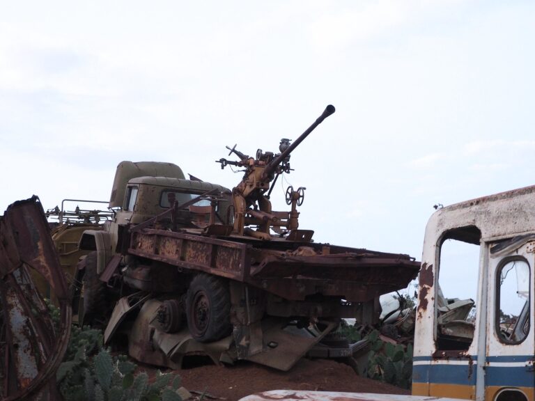 A collection of scrapped military equipment and other vehicles. The military equipment dates to Eritrea's fight for independence.