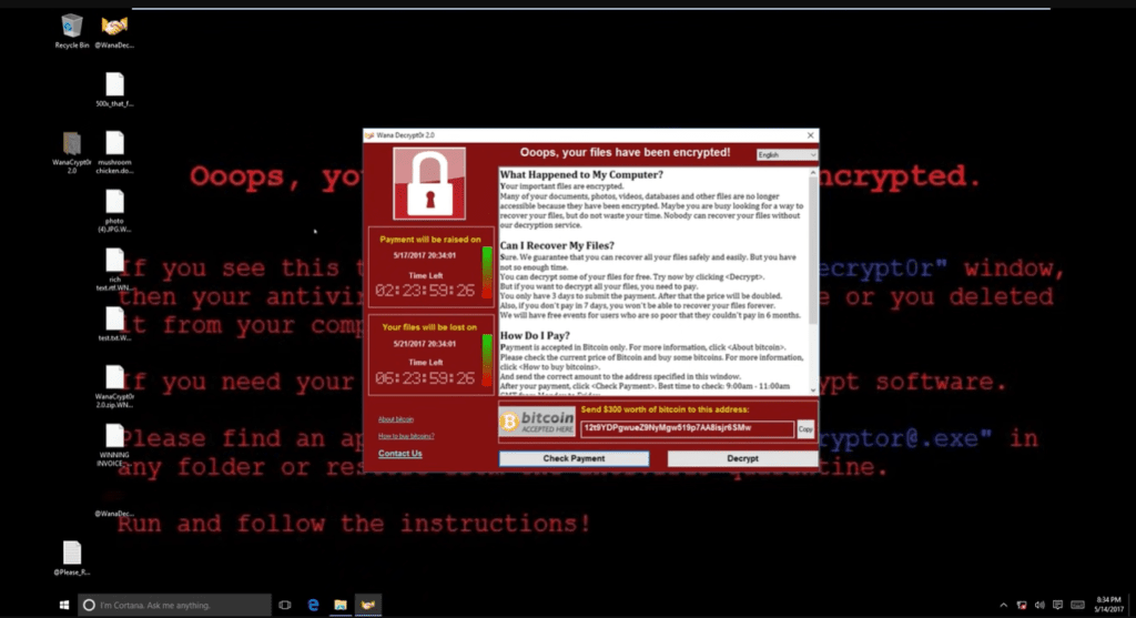 A screengrab from a computer infected with the WannaCry virus. The destructive nature of the virus highlights the need for cyber arms control.