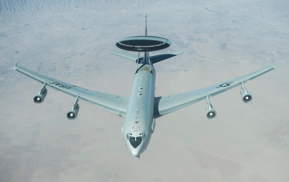 A U.S.Air Force E-3 Aircraft Warning And Control System (AWACS) patrols in Iraqi and Syrian airspace in support of Operation Inherent Resolve, Nov. 27, 2017. The E-3 AWACS provides a tactical air control capability over contested airspace with limited ground radar during combat missions for U.S. and Coalition forces. Such a capacity enabled Operation Desert Storms success through the provision of electronic support, and more generally electronic warfare measures. 