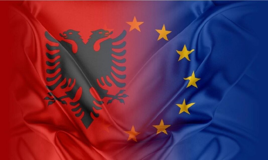 Image shows a flag of Albania on the left hand side, merged with the flag of the EU on the right hand side.