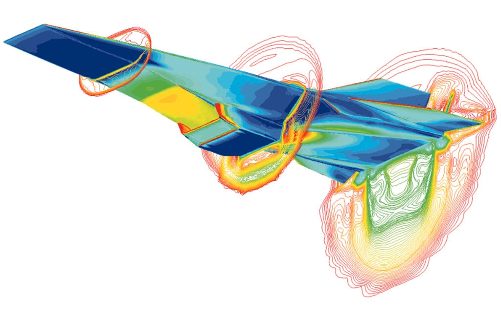 A Computational fluid dynamic (CFD) image of the Hyper - X at the Mach 7 test condition with the engine operating. (NASA, Public domain, via Wikimedia Commons)
