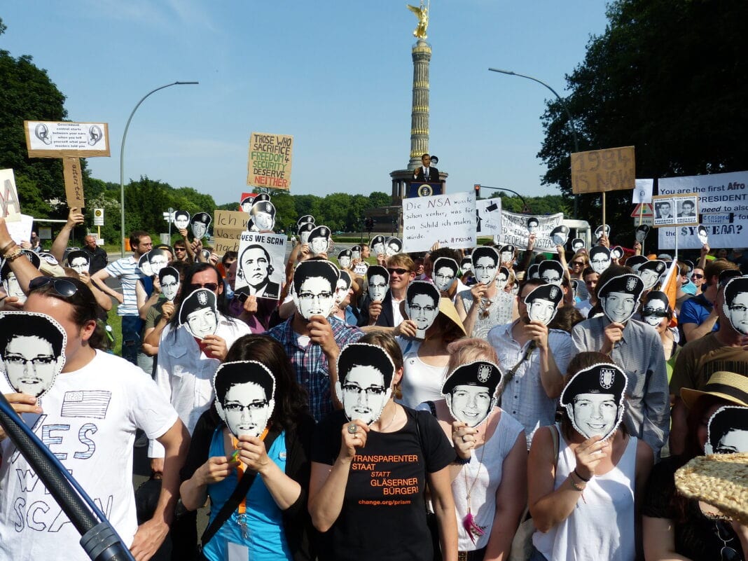 Demonstration against PRISM in Berlin, organised by the Pirate Party , during United States president Barack Obama's visit