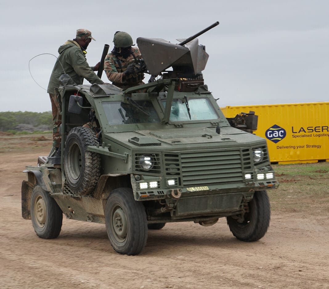 A Hornet rapid deployment reconnaissance vehicle used by SA Army special forces units, seen here with a .50 cal machine gun and mortar.
