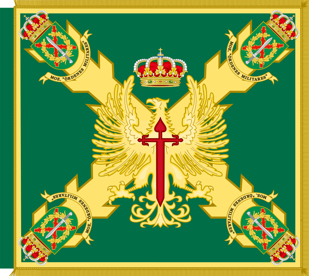 The unit's guidon consists of an eagle with the Cross of Santiago under the Spanish Royal Crown. This is the emblem of the Spanish Armed Forces. Behind this the Burgundy Cross gilt with the unit's coat of arms in each corner. The background is green.