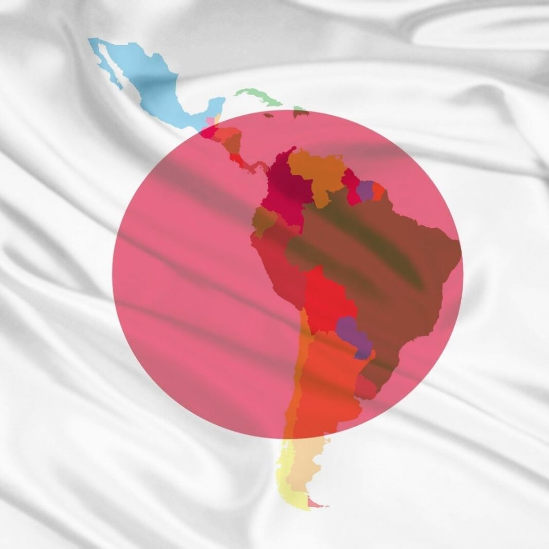 Silhouette of the American continent with the Japanese flag in the background.