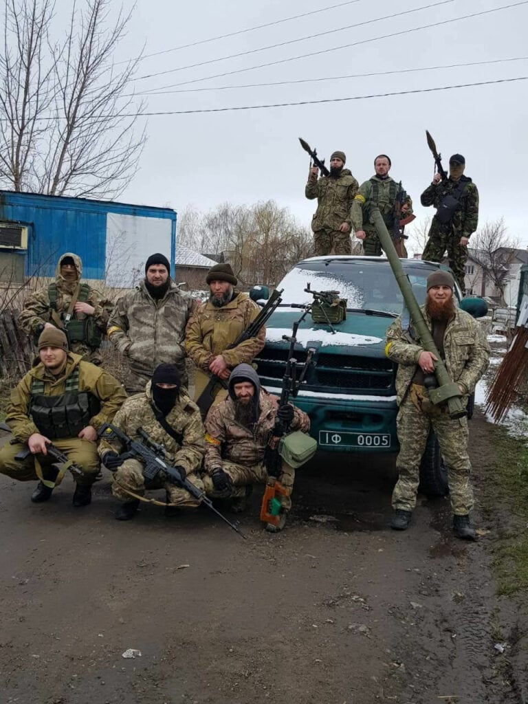 Dzhokhar Dudayev Battalion personnel posing with weapons in Ukraine sometime in March 2022