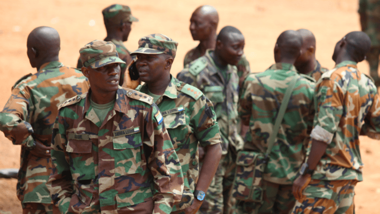 Sierra Leone's army photographed with their military equipment.