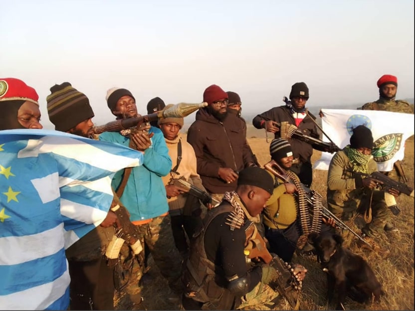 Uniformed ADF combatants posing with their weapons. They are holding the Ambazonian flag and the official ADF Coat of Arms