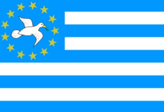 The Ambazonian flag. A blue and white flag, featuring a white dove in the top left corner and 13 yellow stars