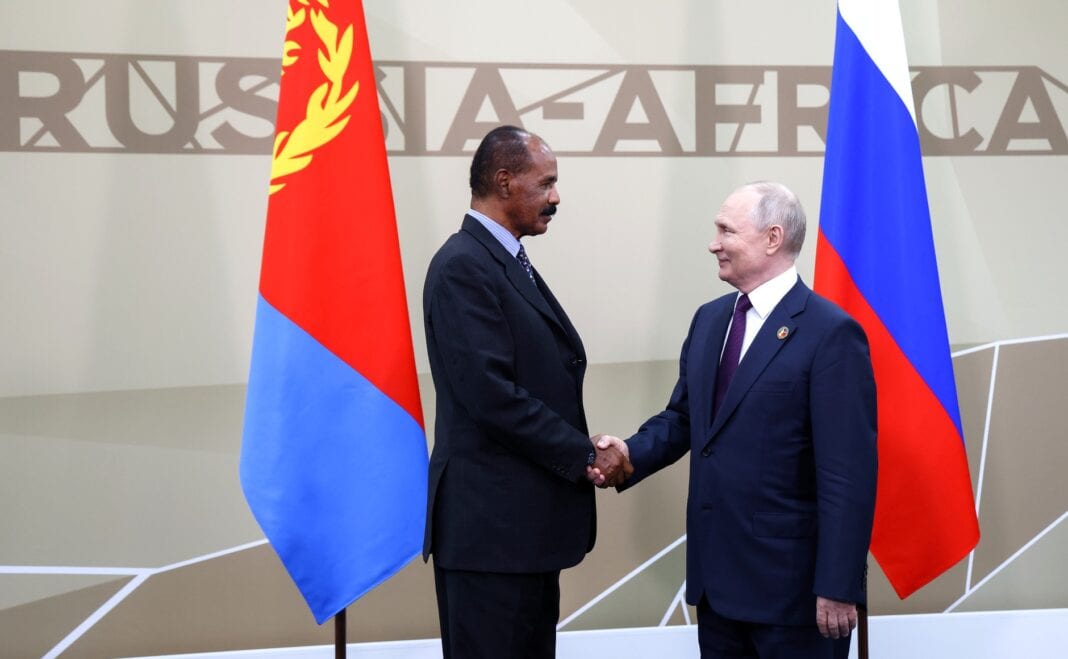 28 JULY 2023: Russian President Vladimir Putin meets with Eritrean President Isaias Afwerki during the 2023 Russia-Africa Summit.