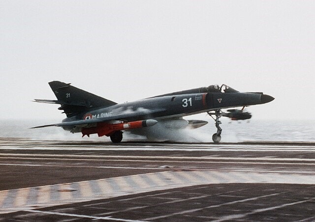 A photo of a Super Etendard armed with an Exocet missile which SIS prevented being supplied to Argentina