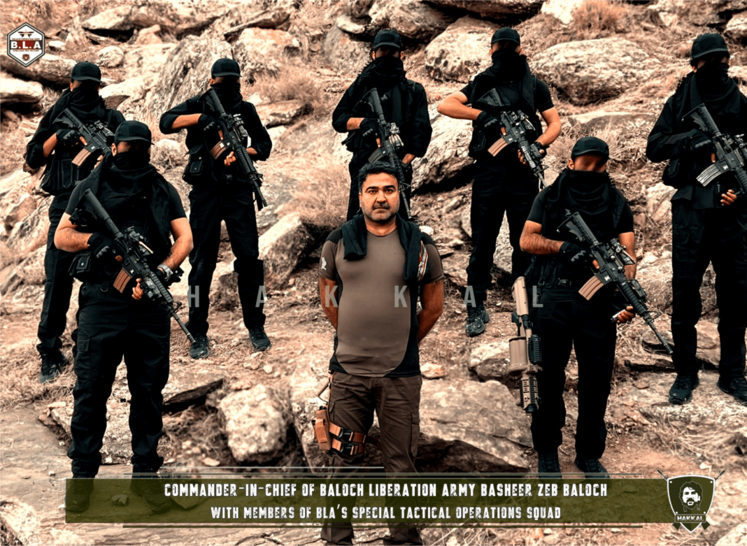 Commander in Chief of Baloch Liberation Army surrounded by BLA special tactical operations squad.