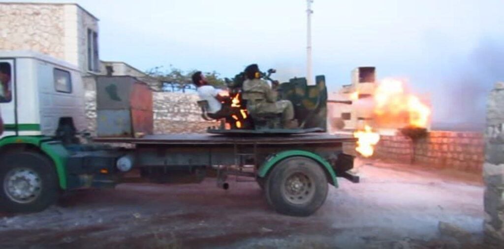 Truck mounted anti-aircraft cannon in use by Xhemati Alban fighters in an attack on government forces