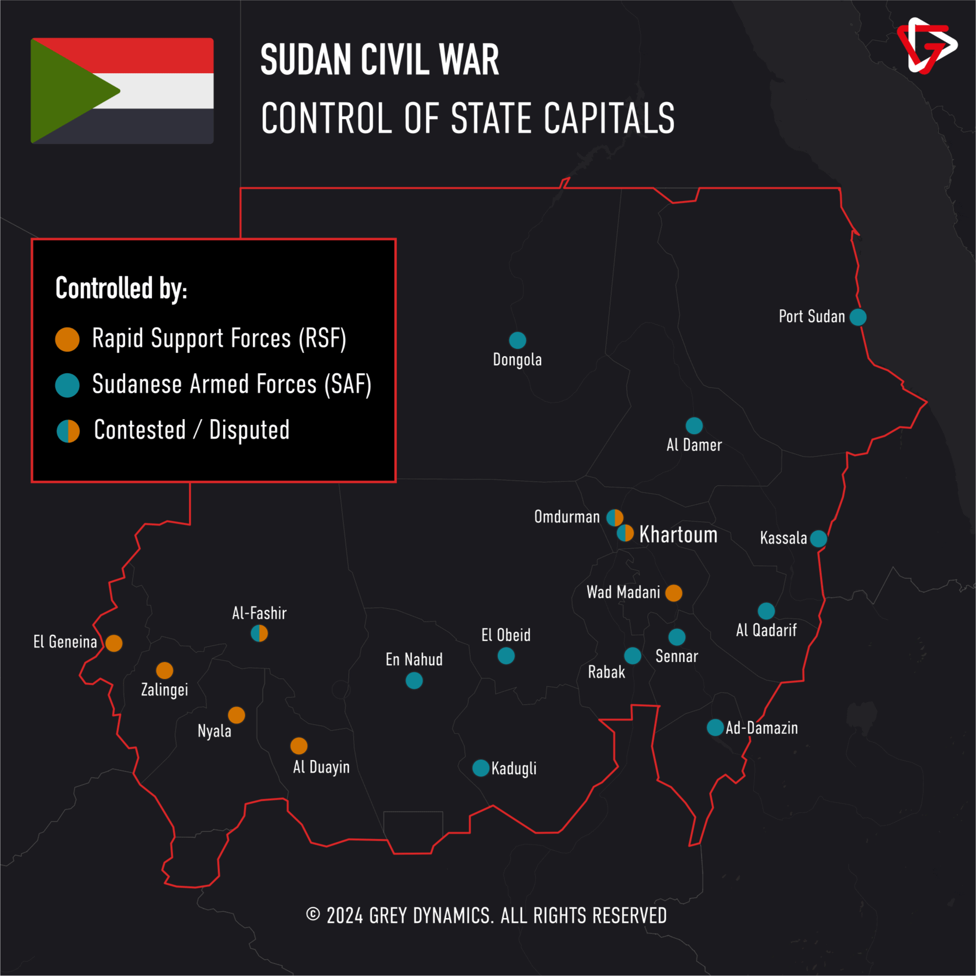 Map of the situation in Sudan as of 21-02-2024.