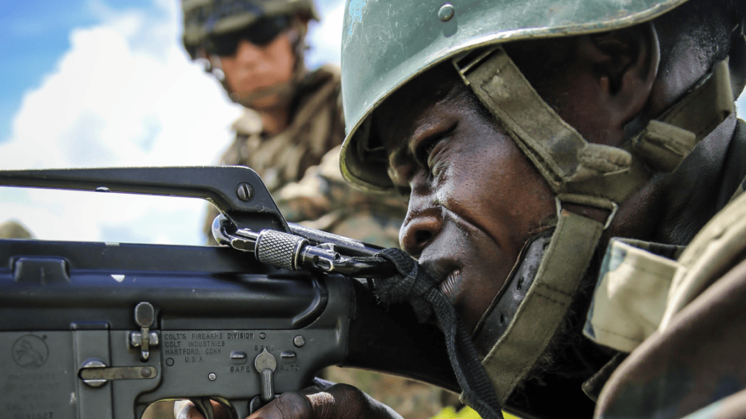 A Senegalese Companie de Fusilier Marine commando during a live-fire exercise with U.S. Marines during the joint-exercise 