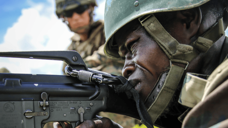 A Senegalese Companie de Fusilier Marine commando during a live-fire exercise with U.S. Marines during the joint-exercise "Africa Partnership Station 13".