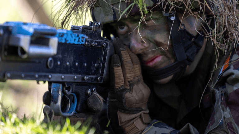 Irish defence forces soldier during fire arms exercise.