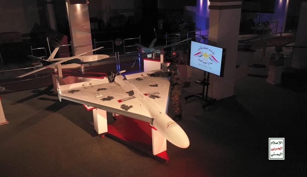 Samad-4 UCAV with unguided projectiles under its wings. Effective for attacking enemy bases, storage, and troops.