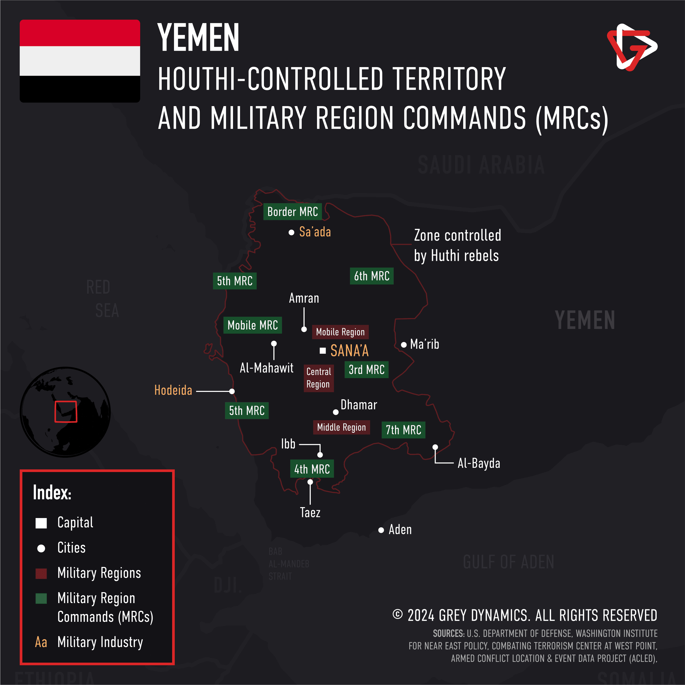 Houthi-controlled (Ansar Allah) territory and the Organisation's Military Regional Commands.
