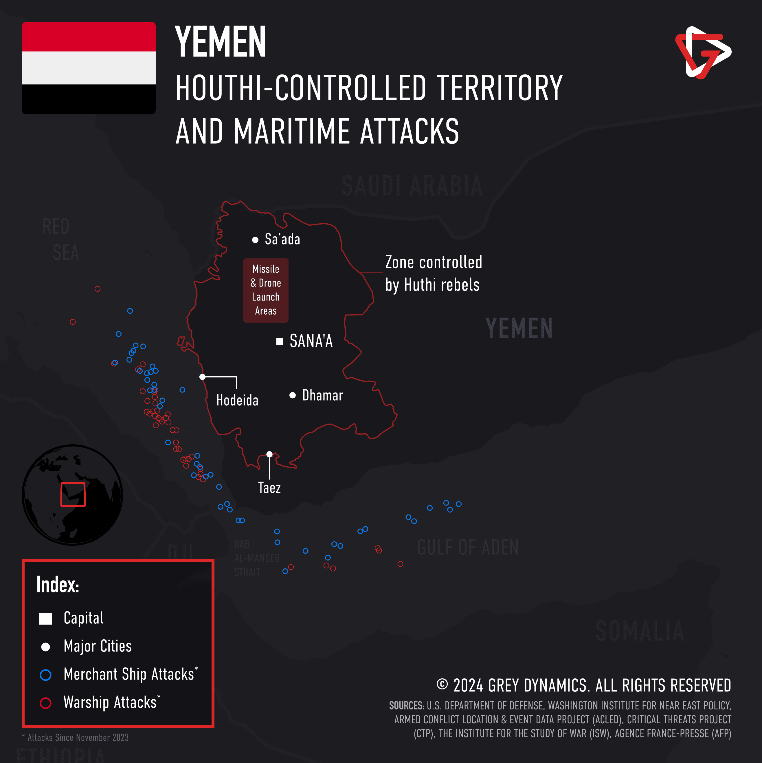 Houthi-controlled (Ansar Allah) territory and the Organisation's attacks on merchant ships and warships in the Red Sea and Gulf of Aden since November 2023.