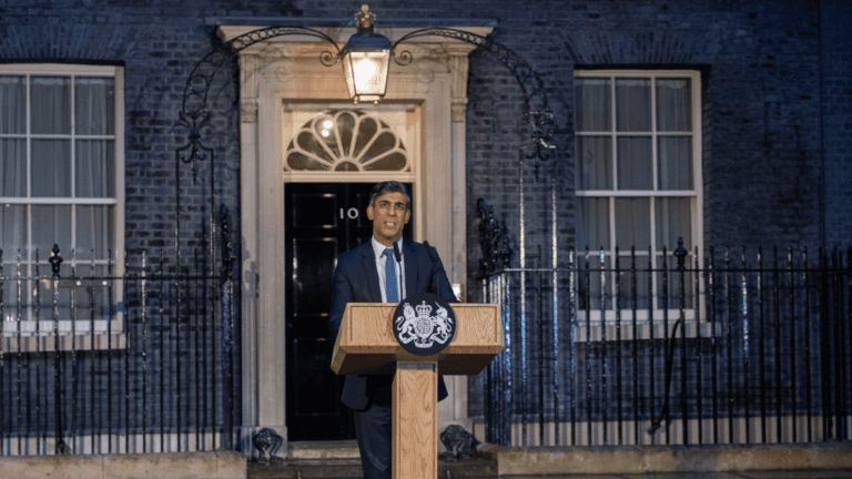 UK's Prime Minister Rishi Sunak during his announcement on tackling extremist groups outside No 10.