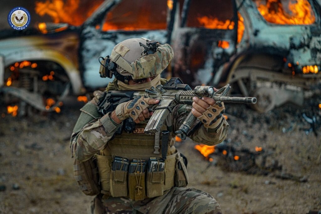 Operator with a rifle and an attached flahslight and EOTech holographic sight