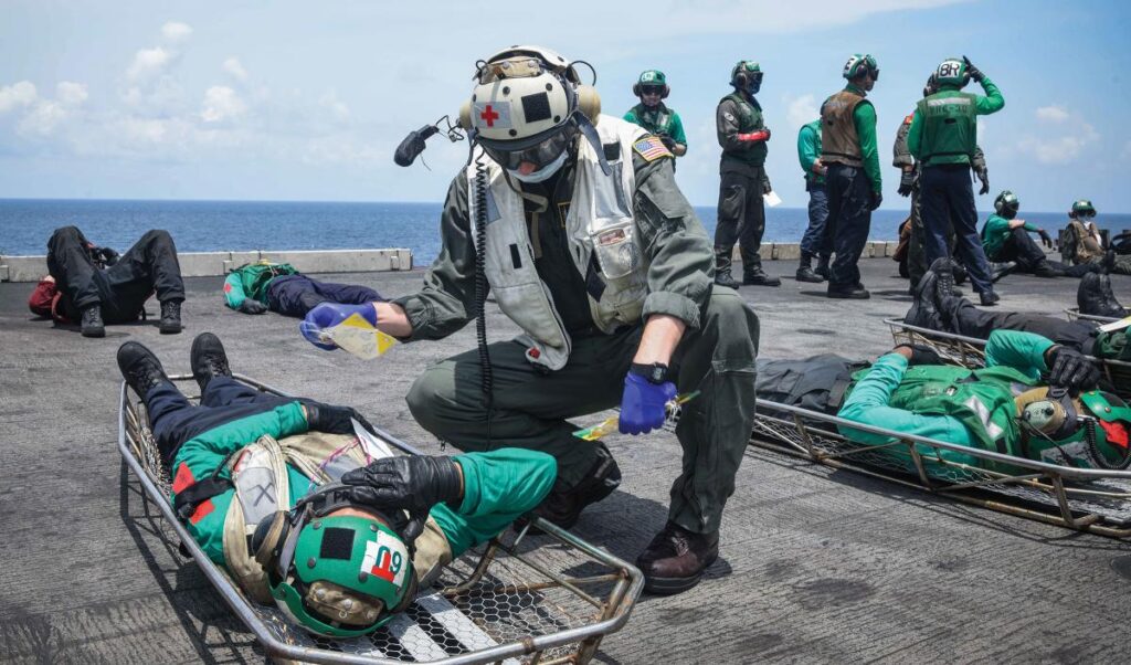 A drill simulating a mass casualty event onboard the USS Ronald Reagan. Source: (US Navy Institute)