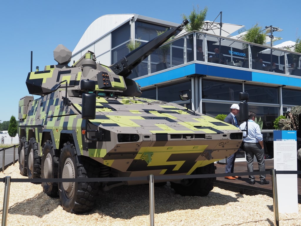An image of the new German Self Propelled Anti-Aircraft Gun the Skyranger 30 on display in 2021.