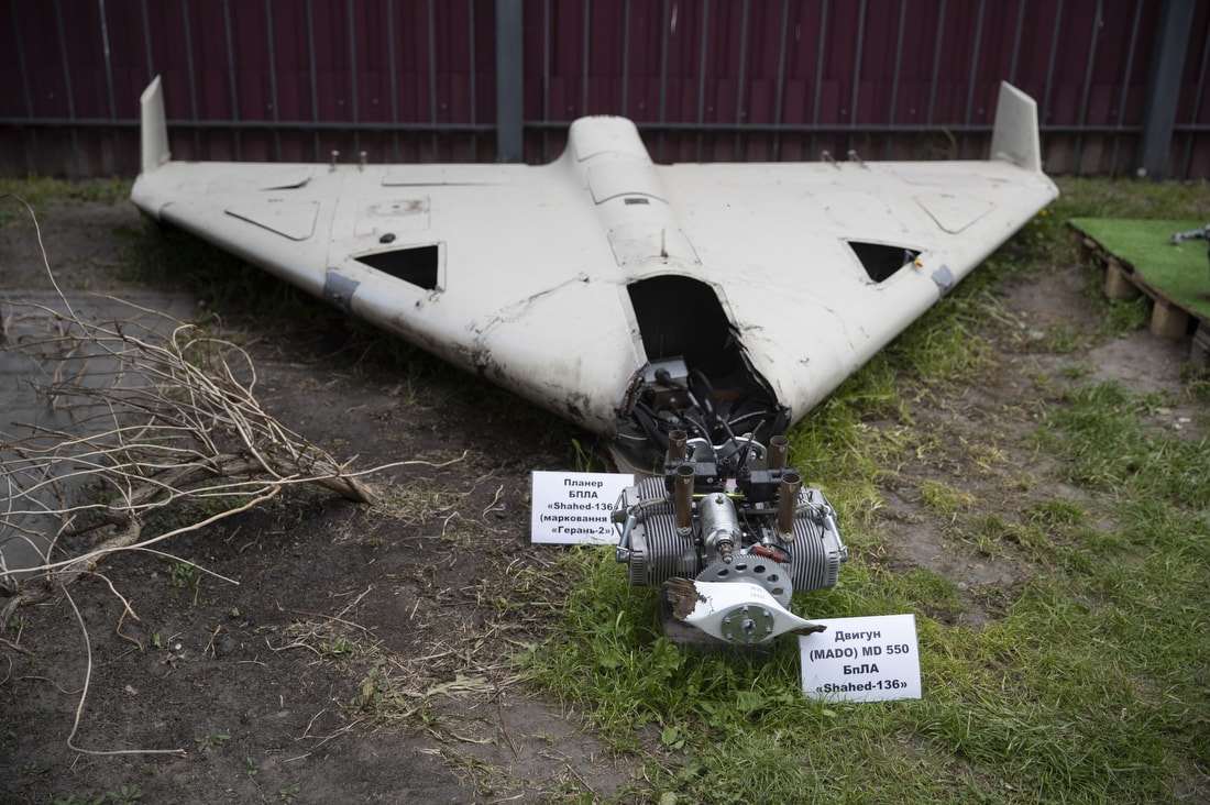 An image of a Shahed 136 destroyed and lying on the floor. Likely shot down by Ukrainian Anti-Aircraft weapons. Ukraine.