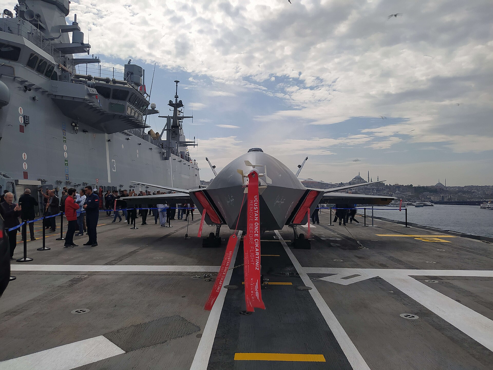 A Bayraktar Kızılelma on board the TCG Anadolu, one of the Turkish Navy's amphibious assault ships.